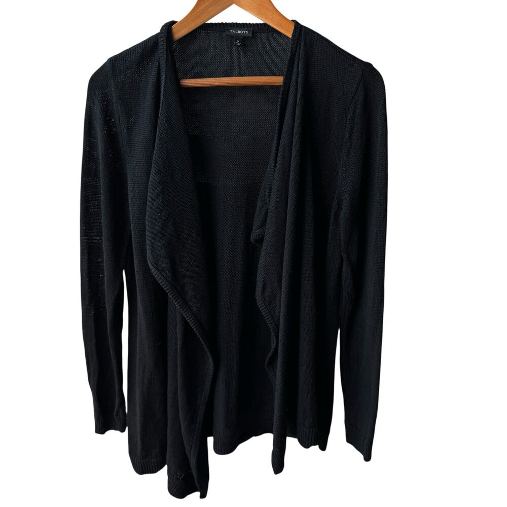 TALBOTS Black Linen Sweater Open Front Cardigan Womens M Summer Layering